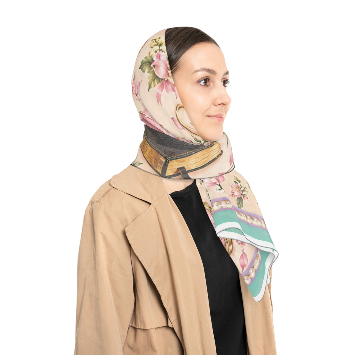 Faith Pattern Scarf — Pink Floral Bible & Prayer Hands Polyester Scarf