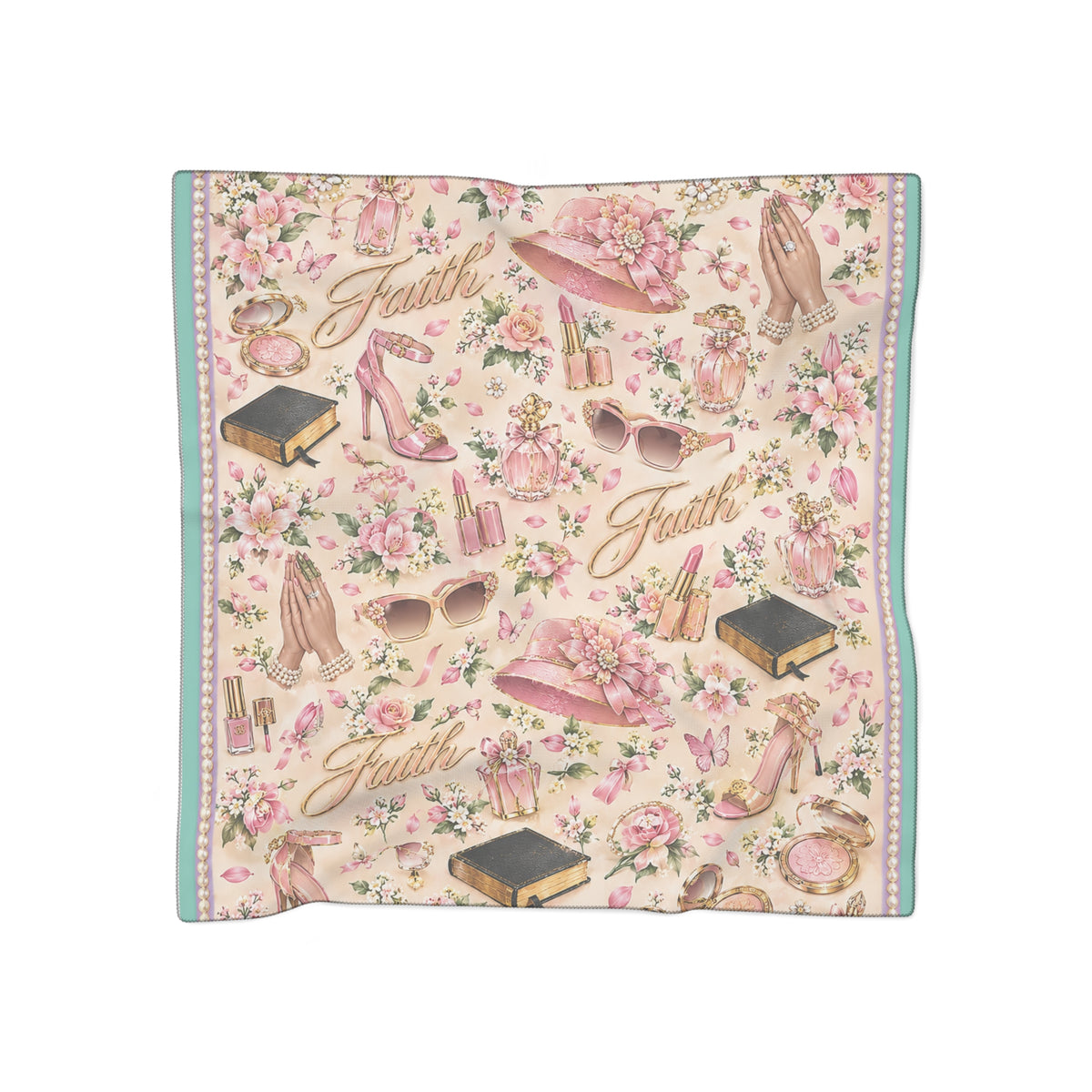 Faith Pattern Scarf — Pink Floral Bible & Prayer Hands Polyester Scarf