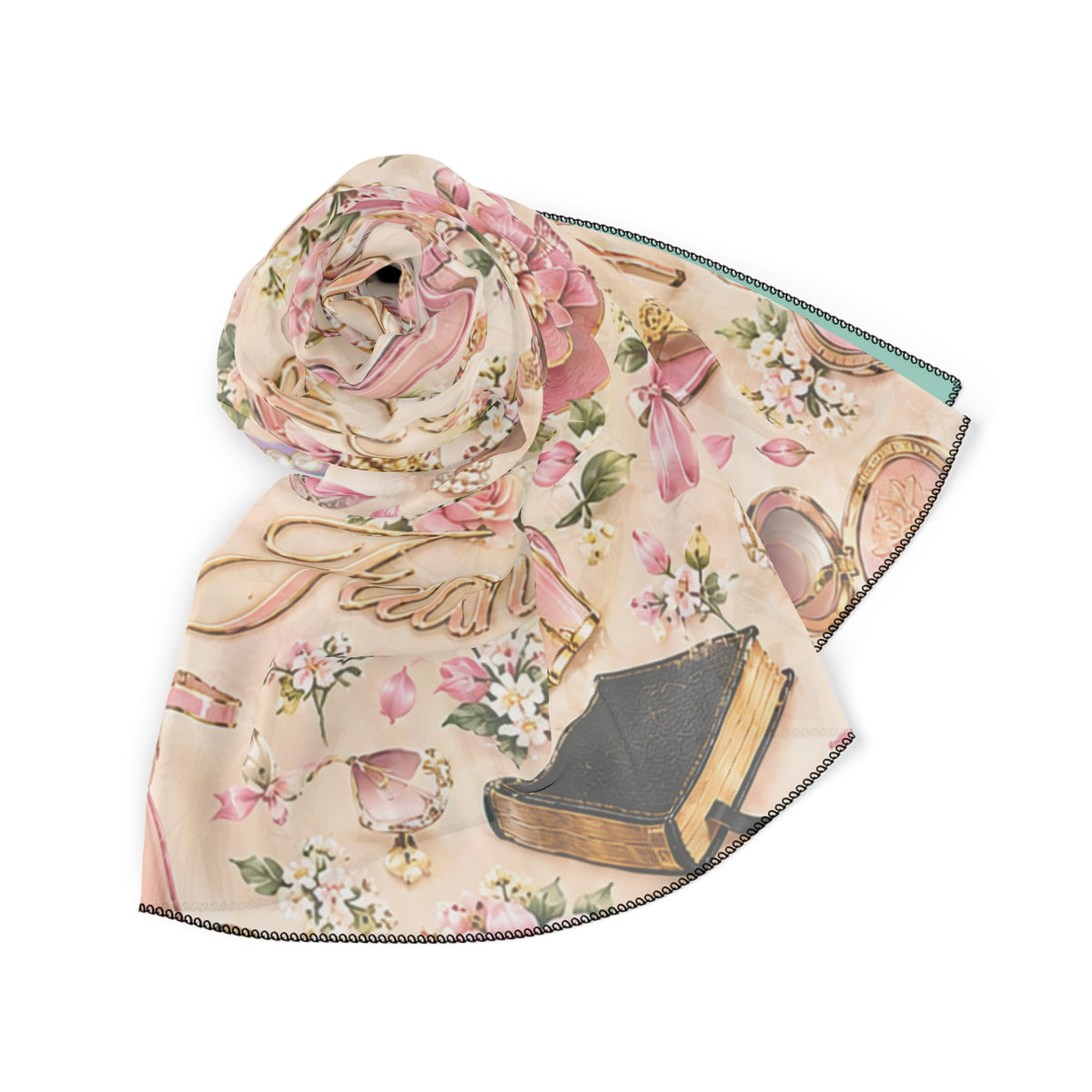 Faith Pattern Scarf — Pink Floral Bible & Prayer Hands Polyester Scarf