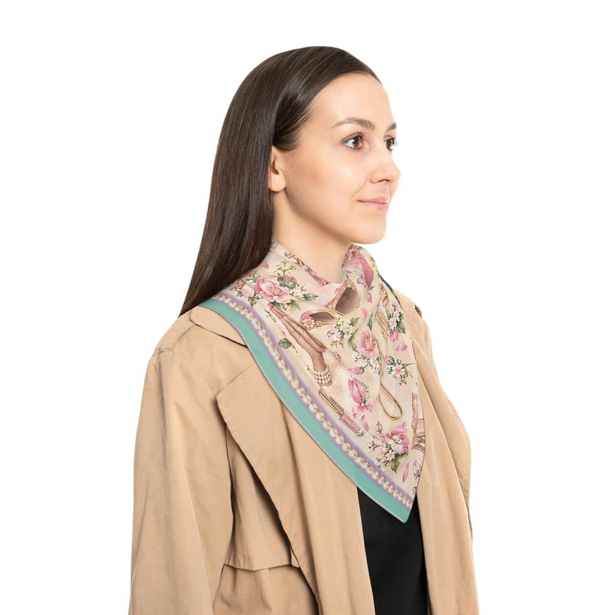 Faith Pattern Scarf — Pink Floral Bible & Prayer Hands Polyester Scarf